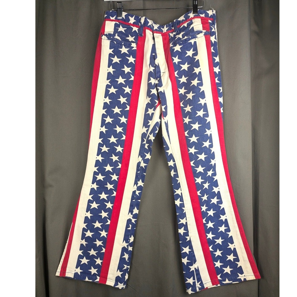 RARE Vintage 70s Bell Bottom Pants 32x26 USA Flag Stars Stripes Parade 4th